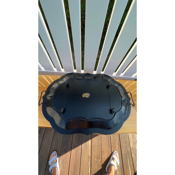 Black Vintage Hand-Painted Footed Toleware Serving Tray, Floral, Made in USA - Picture 7 of 10